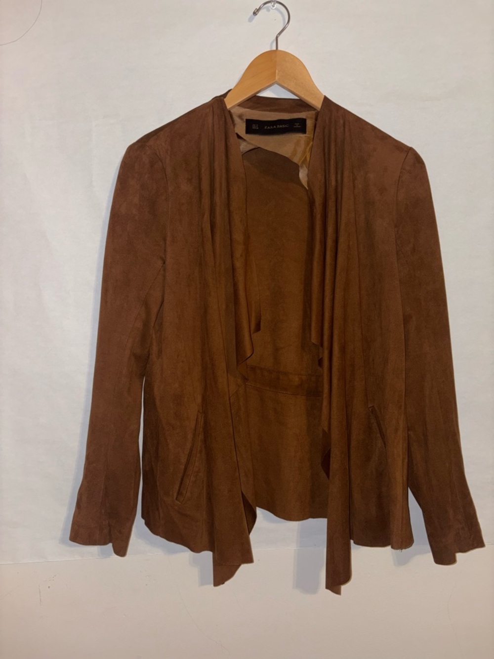 Zara Faux Suede Brown Draped Jacket Open Front Boho Size S